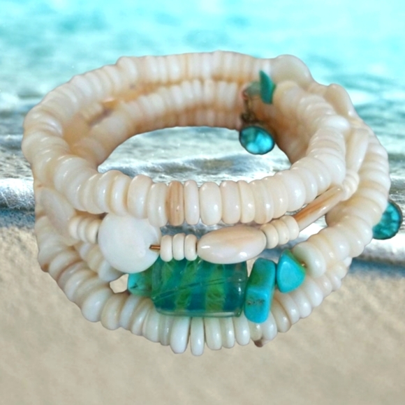 Hand Crafted Jewelry - Hand Crafted Art Glass and Natural Shell Wrap Bracelet NWT